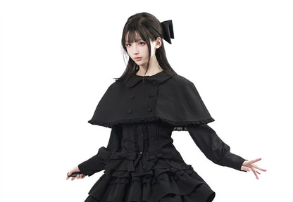 Long-Sleeve Band Collar Plain Blouse / Collared Plain Crop Cape / Mid Rise Plain Mini A-Line Skirt / Long-Sleeve Collared Plain Ruffle Trim Mini A-Line Dress