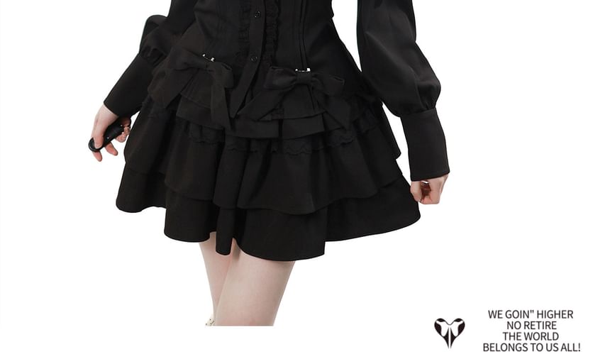 Long-Sleeve Band Collar Plain Blouse / Collared Plain Crop Cape / Mid Rise Plain Mini A-Line Skirt / Long-Sleeve Collared Plain Ruffle Trim Mini A-Line Dress