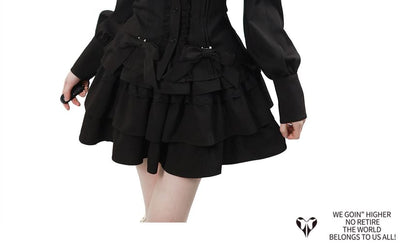 Long-Sleeve Band Collar Plain Blouse / Collared Plain Crop Cape / Mid Rise Plain Mini A-Line Skirt / Long-Sleeve Collared Plain Ruffle Trim Mini A-Line Dress
