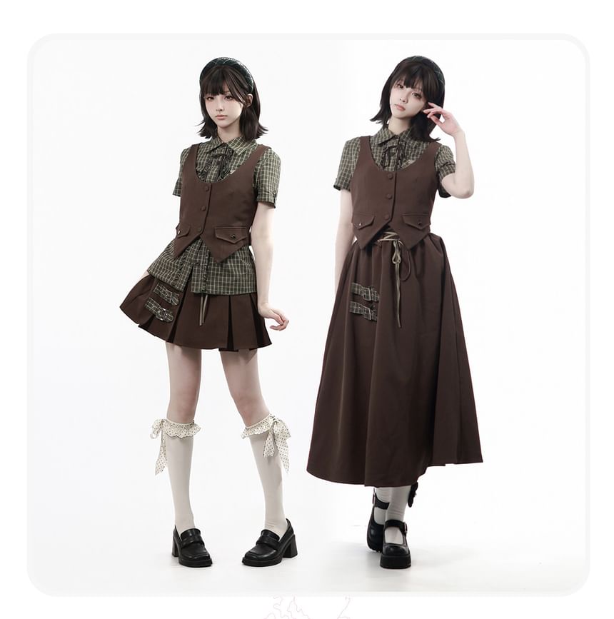 Short-Sleeve Collared Plaid Button Up Shirt / Scoop Neck Button Up Vest / High Waist Plain Mini A-Line Skirt / Mid Rise Midi A-Line Skirt