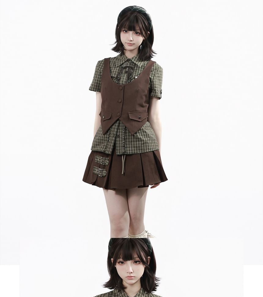 Short-Sleeve Collared Plaid Button Up Shirt / Scoop Neck Button Up Vest / High Waist Plain Mini A-Line Skirt / Mid Rise Midi A-Line Skirt