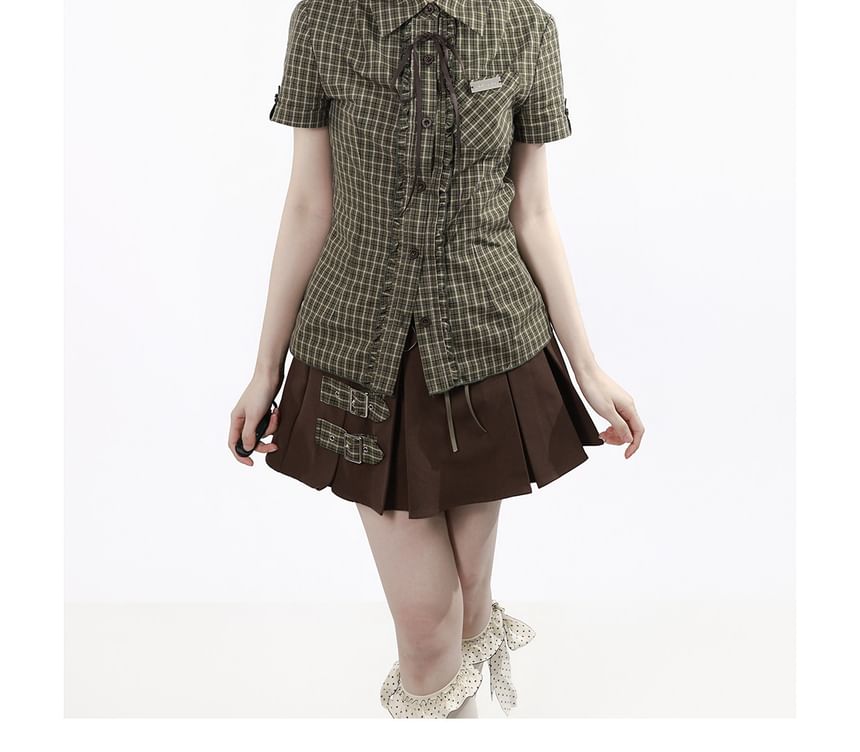 Short-Sleeve Collared Plaid Button Up Shirt / Scoop Neck Button Up Vest / High Waist Plain Mini A-Line Skirt / Mid Rise Midi A-Line Skirt