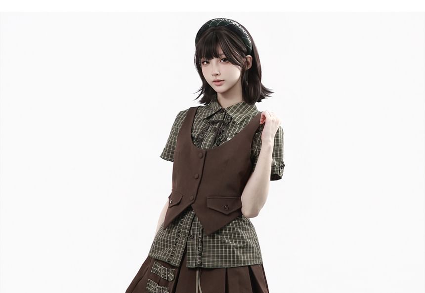 Short-Sleeve Collared Plaid Button Up Shirt / Scoop Neck Button Up Vest / High Waist Plain Mini A-Line Skirt / Mid Rise Midi A-Line Skirt