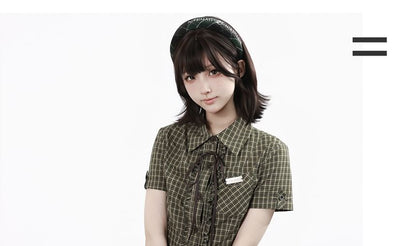 Short-Sleeve Collared Plaid Button Up Shirt / Scoop Neck Button Up Vest / High Waist Plain Mini A-Line Skirt / Mid Rise Midi A-Line Skirt