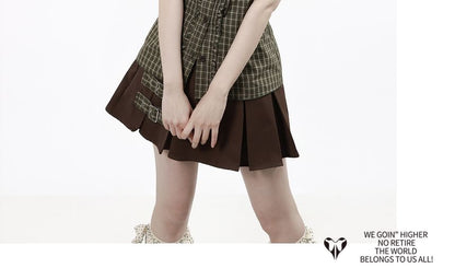 Short-Sleeve Collared Plaid Button Up Shirt / Scoop Neck Button Up Vest / High Waist Plain Mini A-Line Skirt / Mid Rise Midi A-Line Skirt