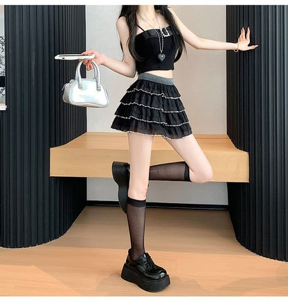High Waist Contrast Trim Tiered Mesh Mini A-Line Skirt