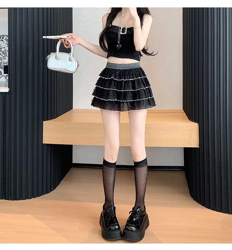 High Waist Contrast Trim Tiered Mesh Mini A-Line Skirt