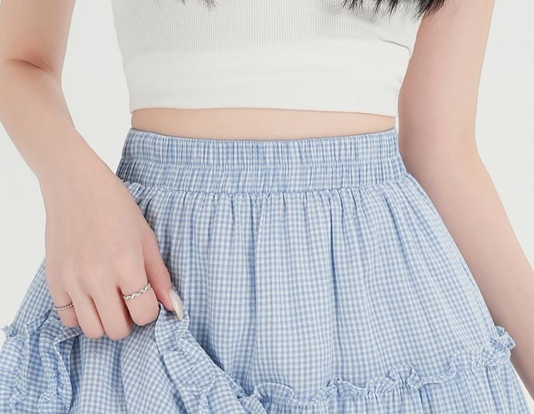 High Waist Plaid Frill Panel Mini A-Line Skirt