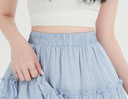 High Waist Plaid Frill Panel Mini A-Line Skirt
