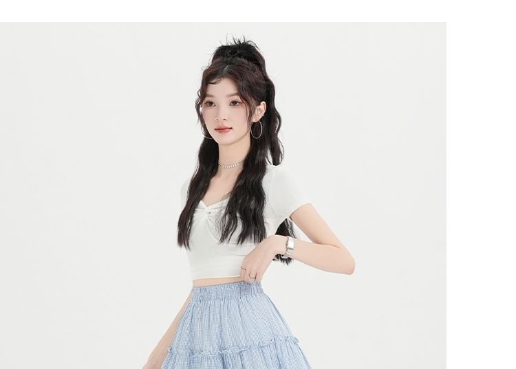 High Waist Plaid Frill Panel Mini A-Line Skirt