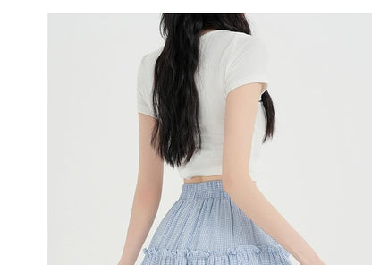 High Waist Plaid Frill Panel Mini A-Line Skirt