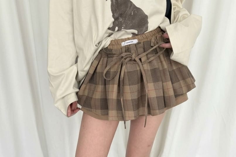 High Waist Plaid Overlay Tie Front Mini A-Line Skirt
