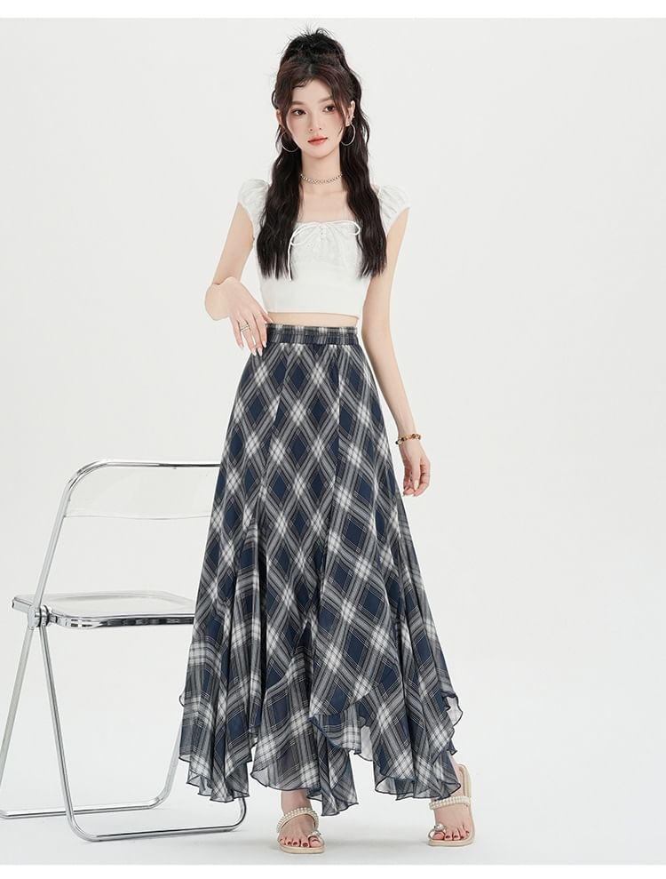 High Waist Plaid Asymmetrical Maxi A-Line Skirt
