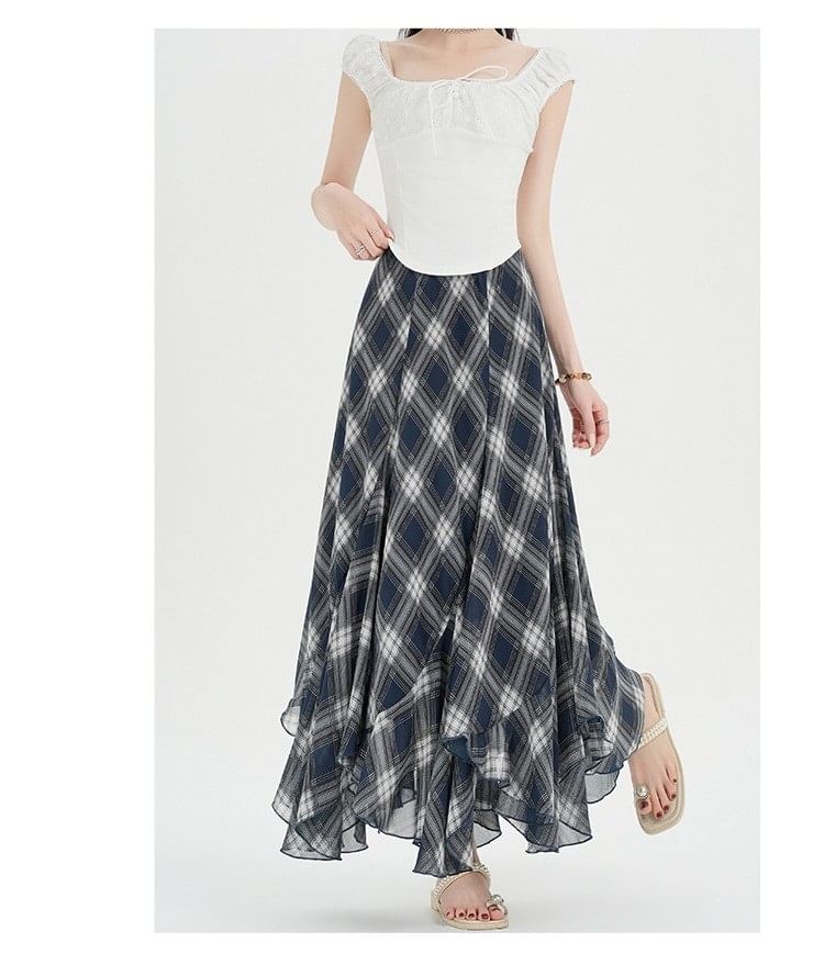 High Waist Plaid Asymmetrical Maxi A-Line Skirt