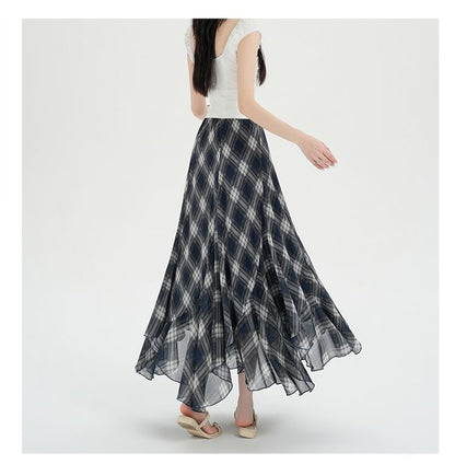 High Waist Plaid Asymmetrical Maxi A-Line Skirt