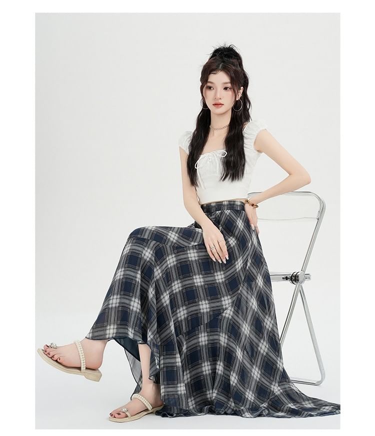 High Waist Plaid Asymmetrical Maxi A-Line Skirt