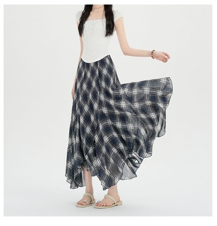 High Waist Plaid Asymmetrical Maxi A-Line Skirt