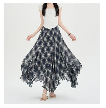 High Waist Plaid Asymmetrical Maxi A-Line Skirt