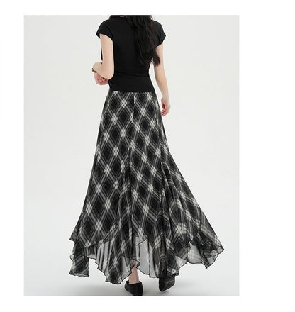 High Waist Plaid Asymmetrical Maxi A-Line Skirt