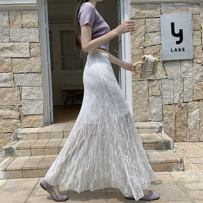 High Waist Plain Lace Maxi Mermaid Skirt