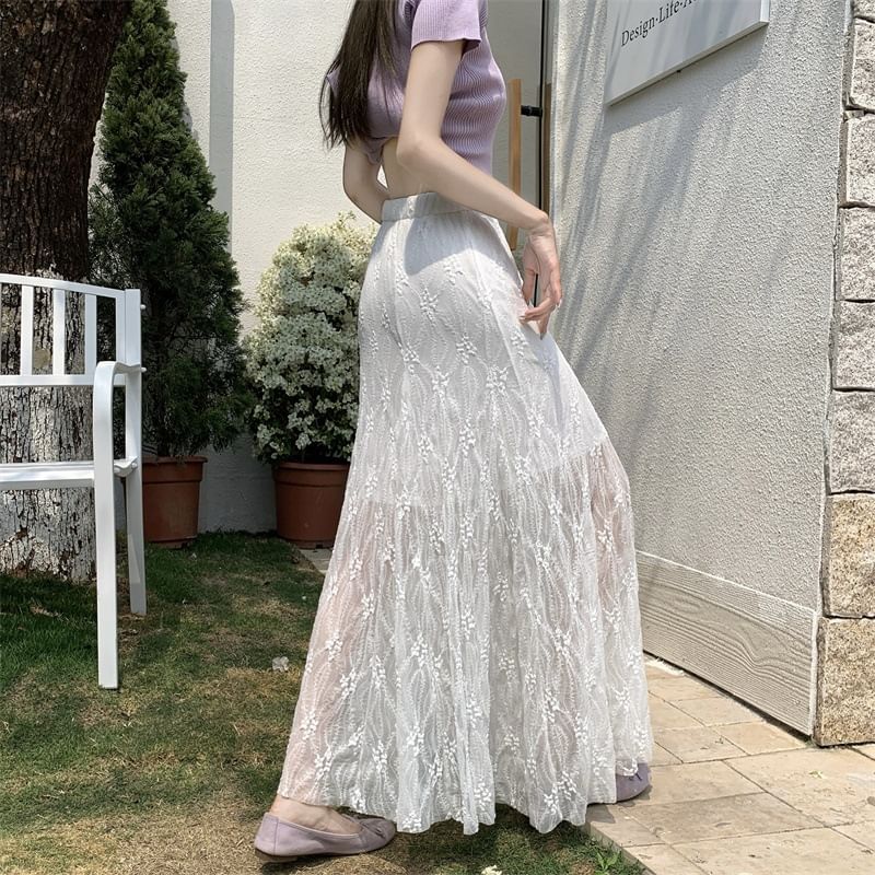 High Waist Plain Lace Maxi Mermaid Skirt