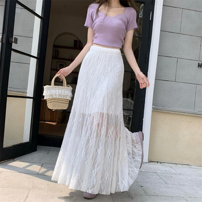 High Waist Plain Lace Maxi Mermaid Skirt