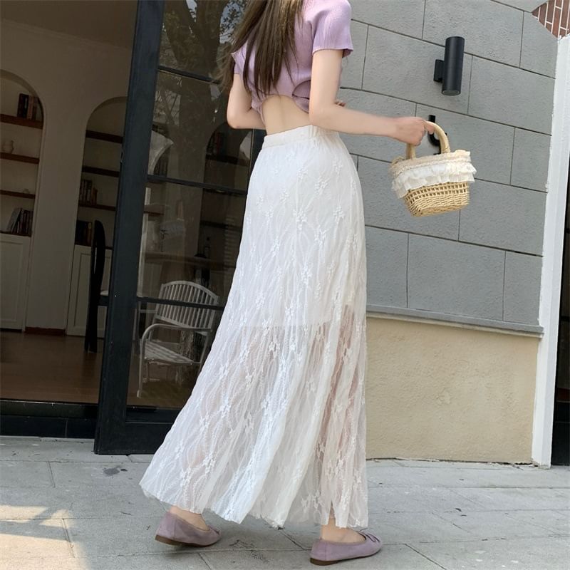 High Waist Plain Lace Maxi Mermaid Skirt