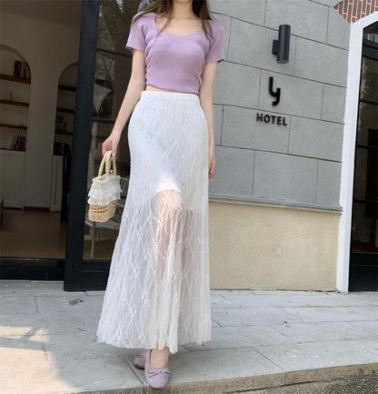 High Waist Plain Lace Maxi Mermaid Skirt