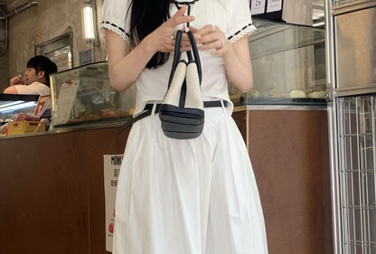 Set: High Waist Plain Gathered Midi A-Line Skirt + Belt