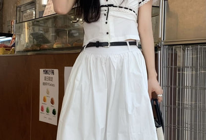 Set: High Waist Plain Gathered Midi A-Line Skirt + Belt