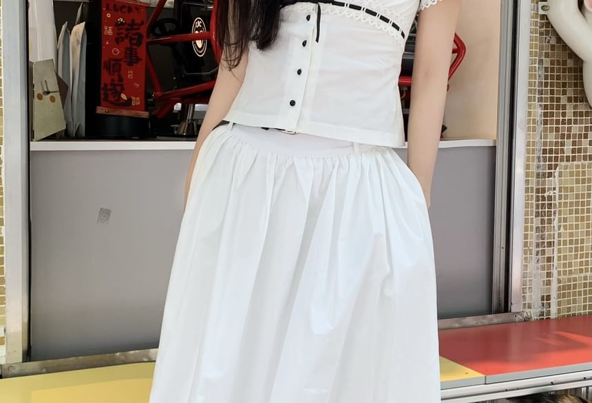 Set: High Waist Plain Gathered Midi A-Line Skirt + Belt