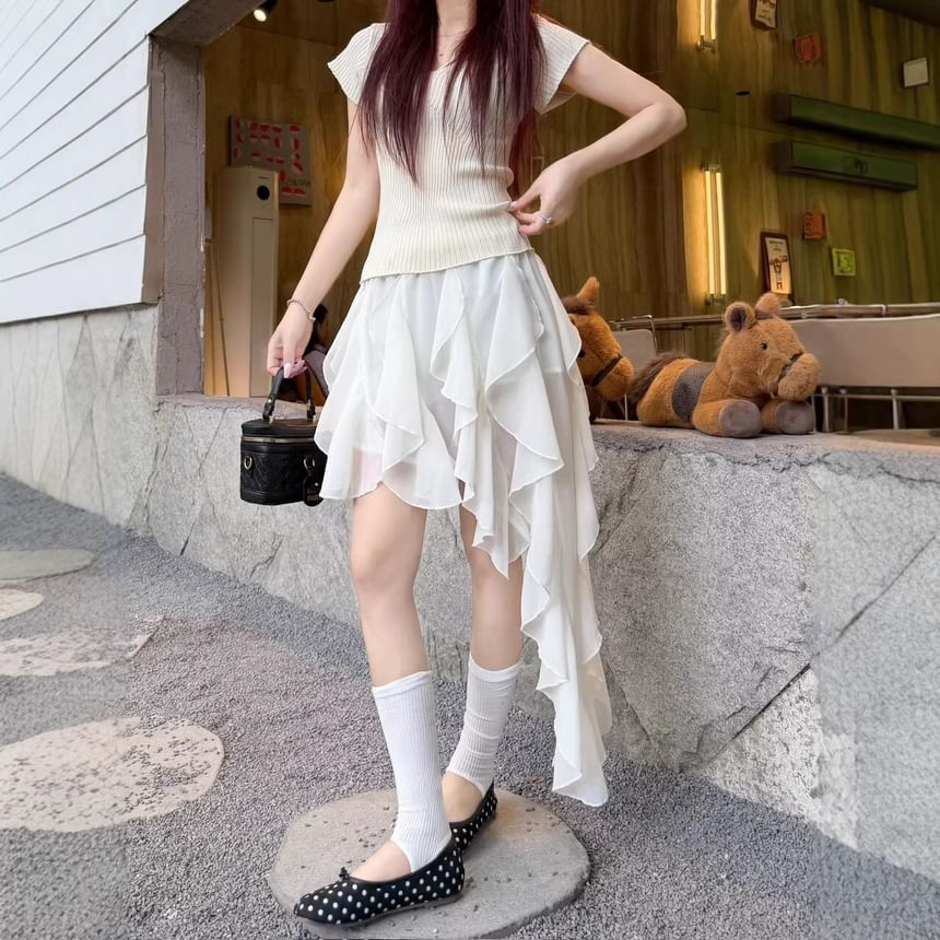 High Waist Plain Asymmetrical Ruffle Mini A-Line Skirt