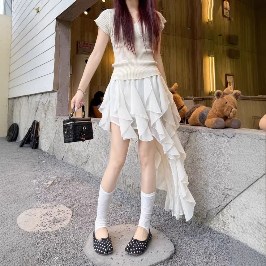 High Waist Plain Asymmetrical Ruffle Mini A-Line Skirt