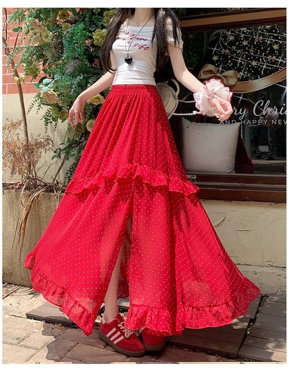 Elastic Waist Dotted Ruffle Slit Panel Mesh Maxi A-Line Skirt