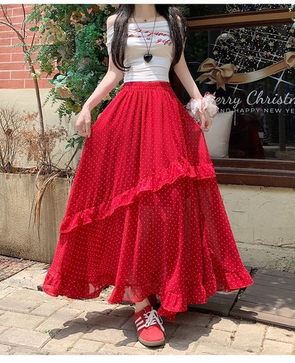 Elastic Waist Dotted Ruffle Slit Panel Mesh Maxi A-Line Skirt