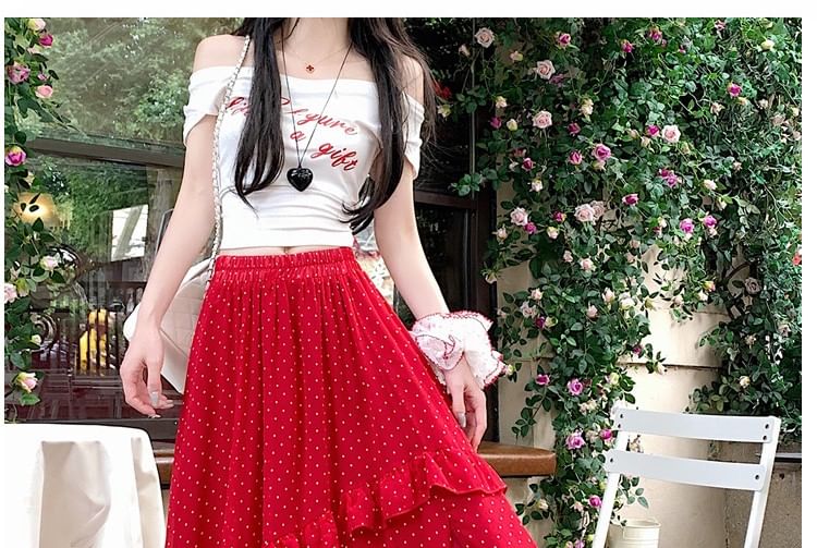 Elastic Waist Dotted Ruffle Slit Panel Mesh Maxi A-Line Skirt