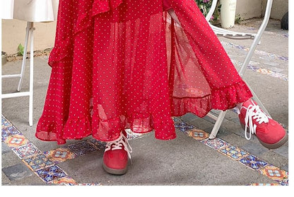 Elastic Waist Dotted Ruffle Slit Panel Mesh Maxi A-Line Skirt