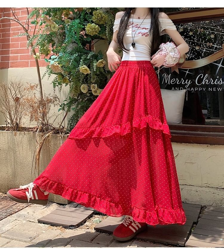 Elastic Waist Dotted Ruffle Slit Panel Mesh Maxi A-Line Skirt