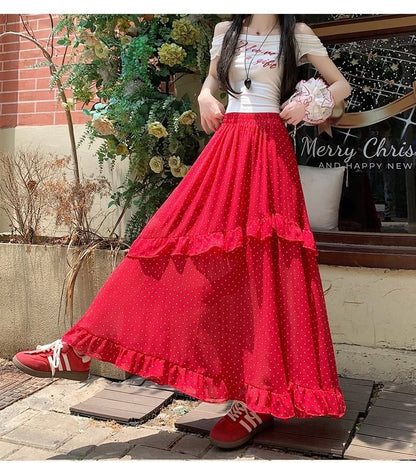 Elastic Waist Dotted Ruffle Slit Panel Mesh Maxi A-Line Skirt