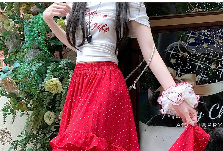 Elastic Waist Dotted Ruffle Slit Panel Mesh Maxi A-Line Skirt