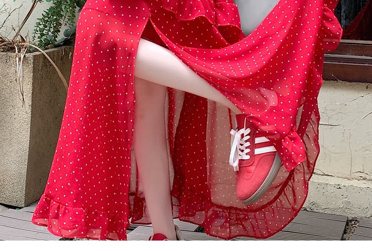 Elastic Waist Dotted Ruffle Slit Panel Mesh Maxi A-Line Skirt