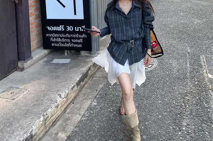 Long Sleeve Collared Plaid Shirt / High Waist Dotted Panel Asymmetrical A-Line Skirt