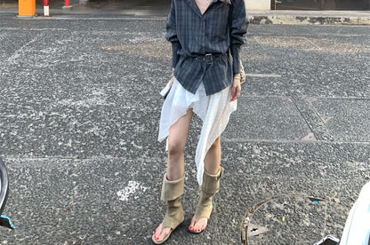 Long Sleeve Collared Plaid Shirt / High Waist Dotted Panel Asymmetrical A-Line Skirt