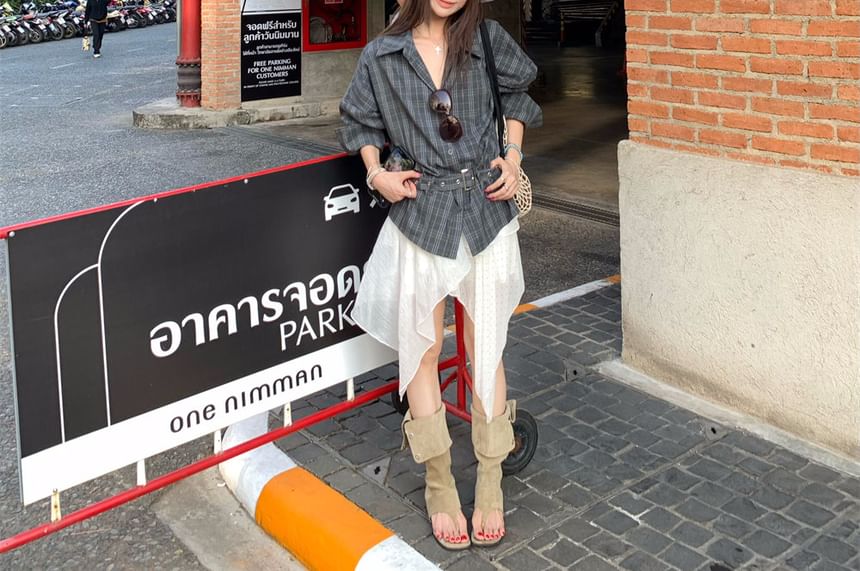 Long Sleeve Collared Plaid Shirt / High Waist Dotted Panel Asymmetrical A-Line Skirt