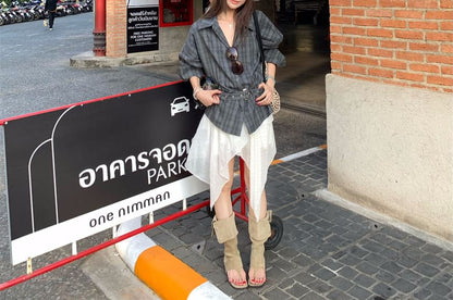 Long Sleeve Collared Plaid Shirt / High Waist Dotted Panel Asymmetrical A-Line Skirt
