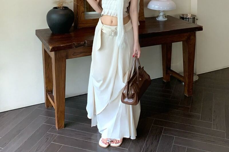 Sleeveless One Shoulder Plain Ruched Crop Top / Mid Rise Belted Maxi A-Line Skirt