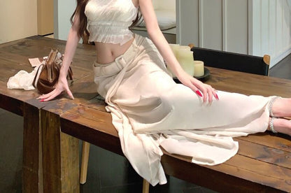 Sleeveless One Shoulder Plain Ruched Crop Top / Mid Rise Belted Maxi A-Line Skirt