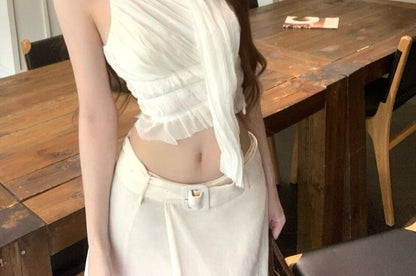 Sleeveless One Shoulder Plain Ruched Crop Top / Mid Rise Belted Maxi A-Line Skirt