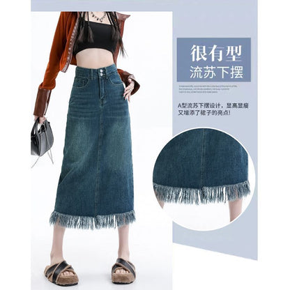 High Waist Fringe Frayed Denim Midi Skirt