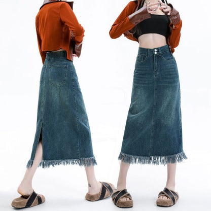 High Waist Fringe Frayed Denim Midi Skirt